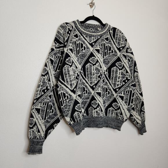 Vintage Sweater 80s 90s Grandpa Abstract Grunge Art Black White Lg Permit - Picture 2 of 5